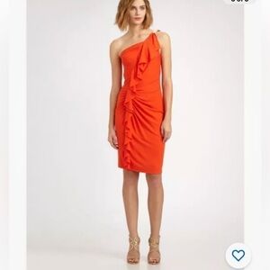 David Meister One Shoulder Buckle Ruffle Stretch Rayon Jersey Dress